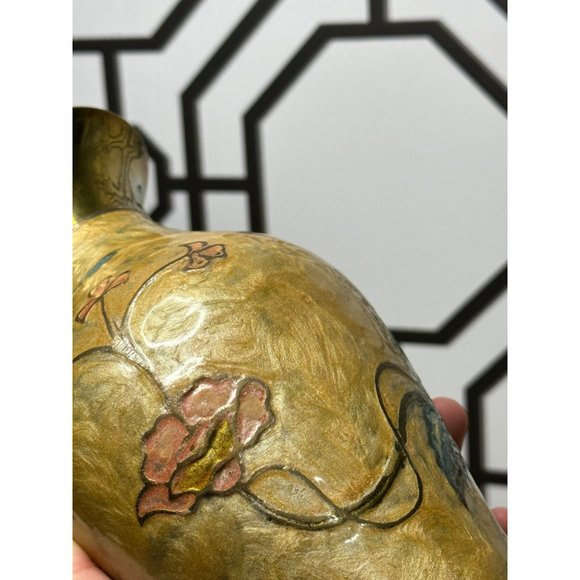 Vintage Gold Brass Vase With Enamel Flowers - BOHO Decor - Shelf Decoration - Picture 7 of 7